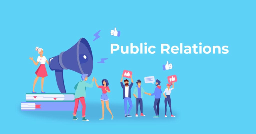 A colorful depiction of a group of diverse people with a large megaphone on top of books, with social media icons and speech bubbles, entitled Public Relations