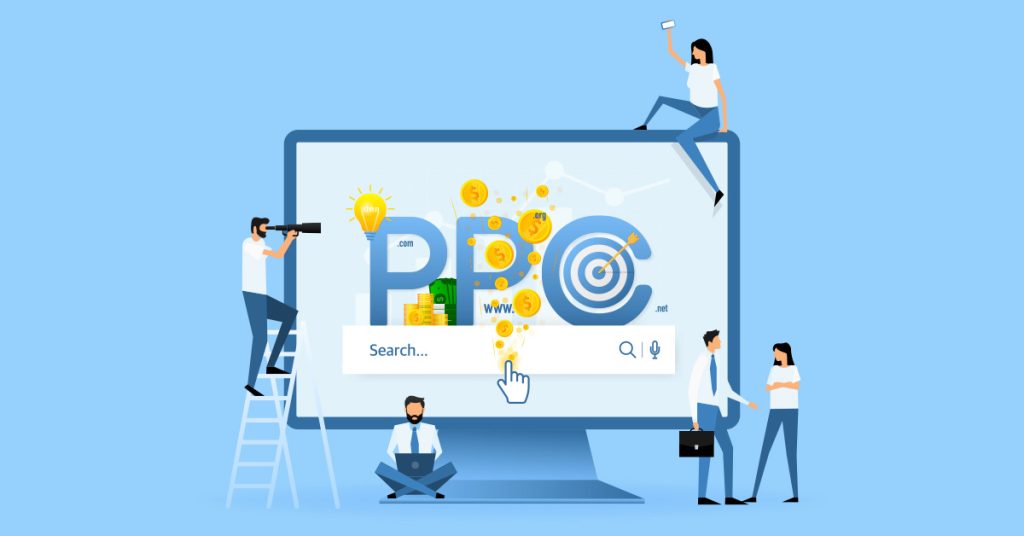 A visual of a team around a giant computer screen with magnifying glass, indicating pay-per-click advertising strategies, titled "Search... PPC" on a blue background.
